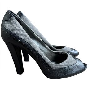 Stella McCarthy peep toe black & grey high heel shoes suitable for vegetarians